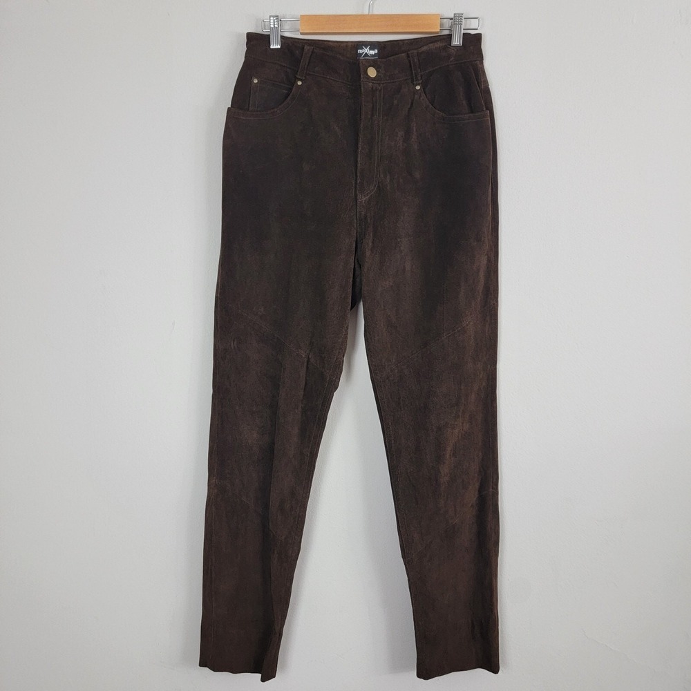 Maxima Wilson Leather Suede Pants Womens 14 Brown Flat Front High Rise Pockets